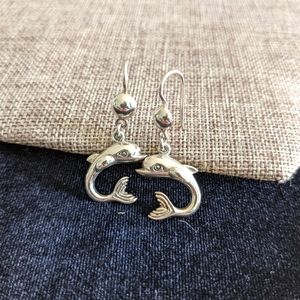 Vintage 925 Sterling Silver Dangly  Dolphin Earrings Pierced 1.5"